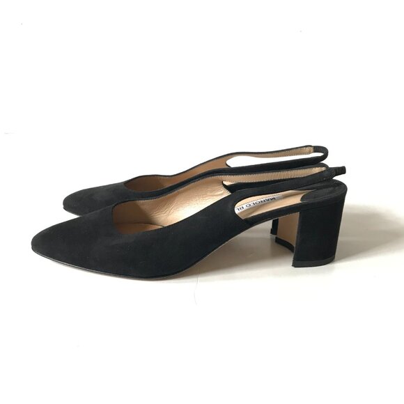 Manolo Blahnik Allurasa Suede Black Block Heels Slingback - Picture 5 of 9